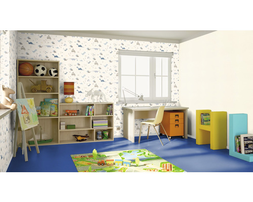 Chambre d''enfant avec meubles, bureau et papier peint dinosaure