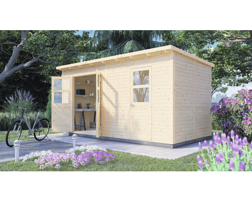 Gartenhaus aus Holz mit geöffneter Doppeltür und Fenster