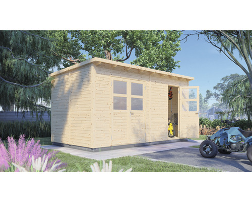 Holzgartenhaus mit Fenster und geöffneter Tür im Garten