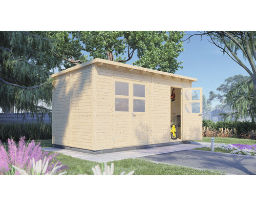 Holzgartenhaus mit Fenster und offener Tür im Garten