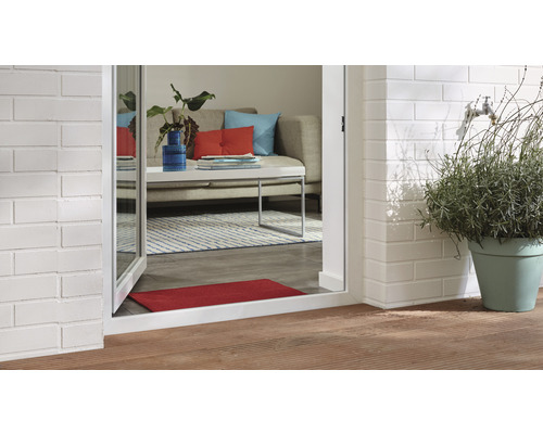 Scène avec terrasse extérieure, mur de briques, plante en pot et vue sur un salon à travers une porte de patio