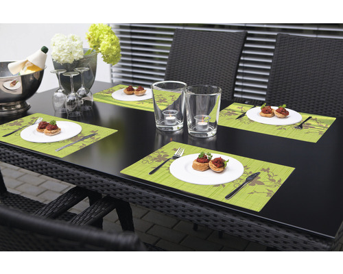 Table de jardin dressée avec sets de table, assiettes, verres et nourriture