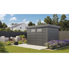 Abri de jardin moderne en métal avec fenêtres dans un jardin avec pelouse