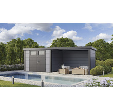 Gartenhaus Classico 3030 inkl. Lounge 3330 rechts mit Seitendach, Rück- und Seitenwand 662 x 318 cm lichtgrau
