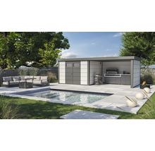 Gartenhaus Classico 3030 inkl. Lounge 3330 rechts mit Seitendach, Rück- und Seitenwand 662 x 318 cm weiß