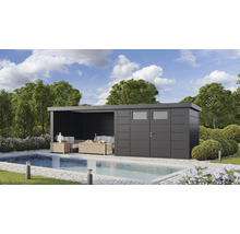 Gartenhaus Classico 3030 inkl. Lounge 3330 links mit Seitendach, Rück- und Seitenwand 662 x 318 cm granitgrau