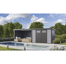 Gartenhaus Classico 3030 inkl. Lounge 3330 links mit Seitendach, Rück- und Seitenwand 662 x 318 cm lichtgrau