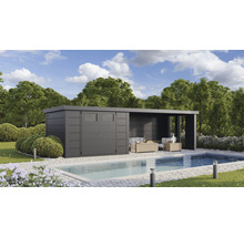 Gartenhaus Classico 3330 inkl. Lounge 3330 rechts mit Seitendach, Rück- und Seitenwand inkl. Fenster 691 x 318 cm granitgrau
