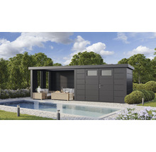 Gartenhaus Classico 3330 inkl. Lounge 3330 links mit Seitendach, Rück- und Seitenwand inkl. Fenster 691 x 318 cm granitgrau