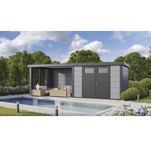 Gartenhaus Classico 3330 inkl. Lounge 3330 links mit Seitendach, Rück- und Seitenwand inkl. Fenster 691 x 318 cm lichtgrau