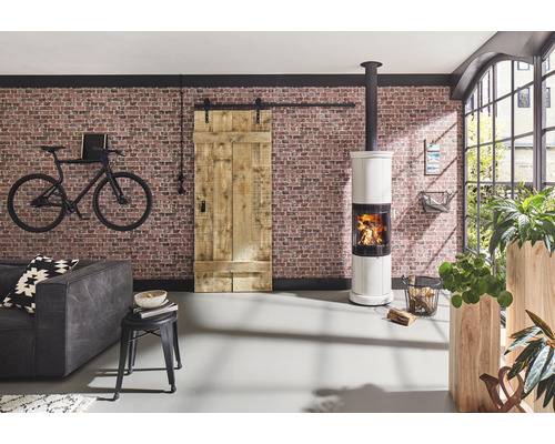 Salon avec mur de briques, poêle, porte coulissante de style grange et vélo décoratif au mur