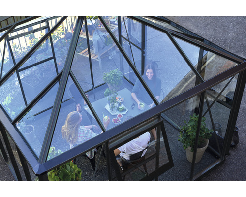 Serre avec parois transparentes et cadre métallique, avec des personnes assises à une table à l''intérieur.