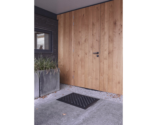 Espace d''entrée avec porte en bois, paillasson et bacs à plantes