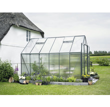 Gewächshaus im Garten mit verschiedenen Pflanzen