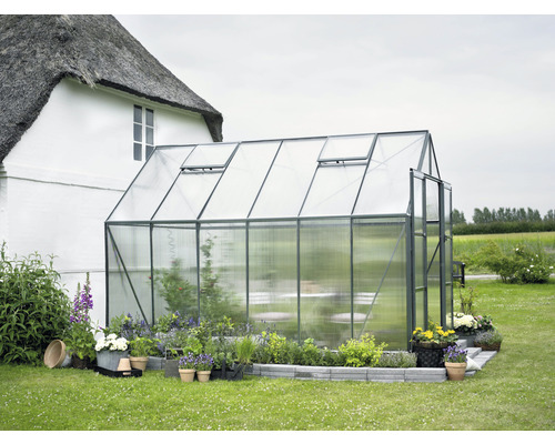 Gewächshaus im Garten mit verschiedenen Pflanzen