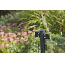 Vue détaillée d''une clôture en verre avec des poteaux métalliques dans le jardin