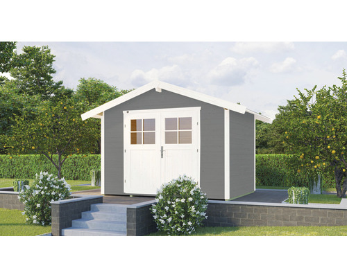 Gartenhaus weka 122 Gr. 3 inkl. Fußboden 380 x 239 cm grau Gartenhaus mit Doppeltür und Fenstern in einem gepflegten Garten.