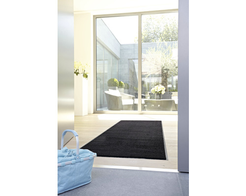 Espace d''entrée avec paillasson noir et panier à linge