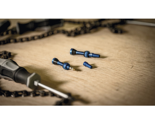 Valves de vélo avec tournevis et chaîne sur une surface en bois