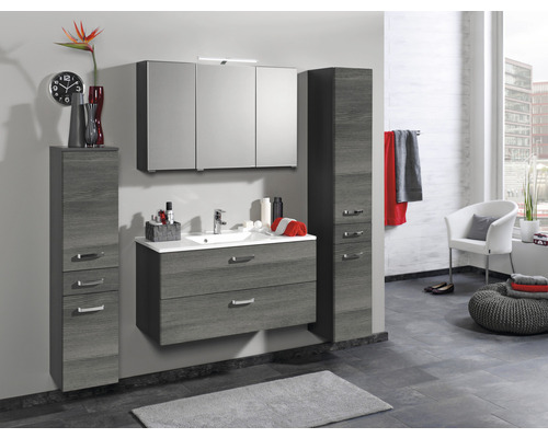 Modernes Badezimmer-Set mit Waschbeckenunterschrank, Spiegelschrank und Hochschränken in Holzoptik