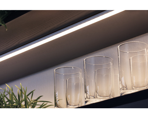 Vases décoratifs en verre sur une étagère avec éclairage LED