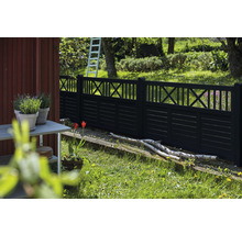 Gartenszene mit einem schwarzen Holzzaun im Landhausstil