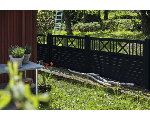 Gartenszene mit einem schwarzen Holzzaun im Landhausstil