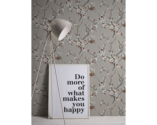 Papier peint à motif floral de fleurs de cerisier, lampadaire et citation encadrée