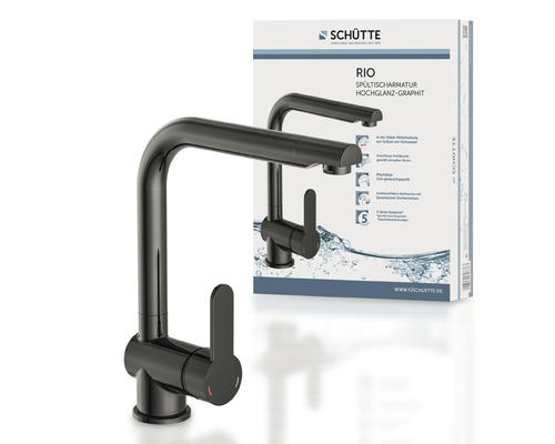 Schütte Rio Küchenarmatur in hochglänzendem Graphit mit Produktverpackung