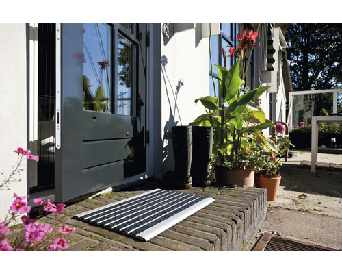 Paillasson devant une porte d''entrée avec des plantes et des bottes en caoutchouc