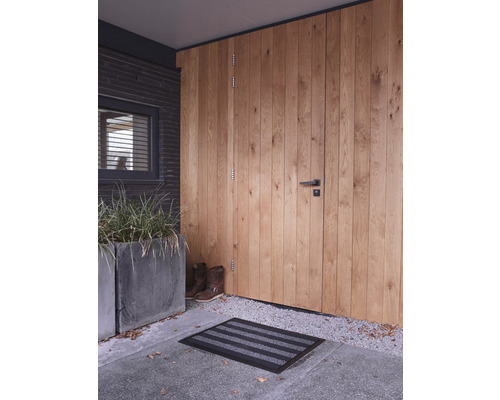 Espace d''entrée avec porte en bois, paillasson et bac à plantes