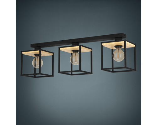 Plafonnier avec trois lampes, bois et métal