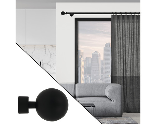 Gardinenstange mit Endstück in Kugelform in einem modern eingerichteten Wohnzimmer