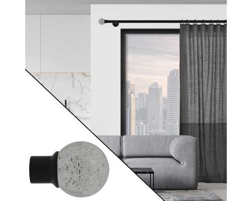 Gardinenstange mit Endstück in Kugelform vor Fensterfront