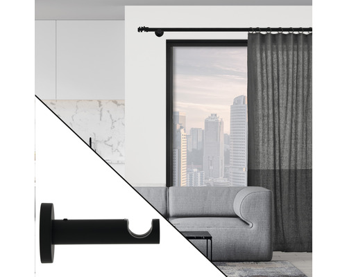 Tringle à rideaux noire avec support devant la fenêtre