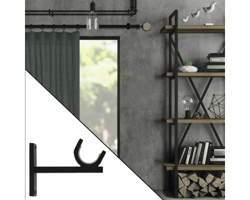 Vue d''une pièce avec tringle à rideaux, support noir et étagère