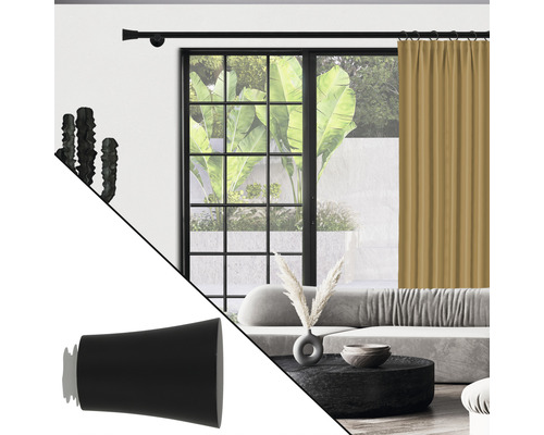 Tringle à rideaux avec rideau et embout dans une scène de salon.