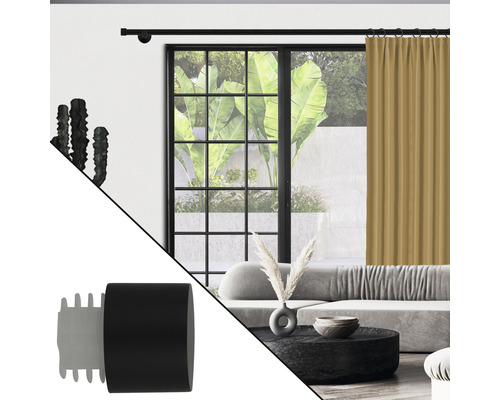 Wohnzimmer mit Gardinenstange, Vorhang und Endstück