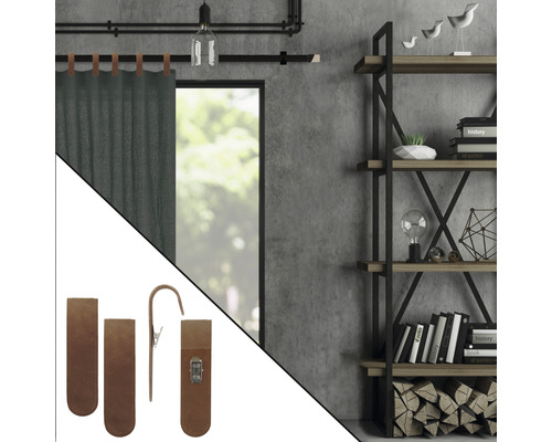 Ambiance d''habitation décorative avec rideau, étagère et supports de rideaux