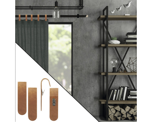 Intérieur avec fenêtre, rideau, étagère et accessoires en cuir