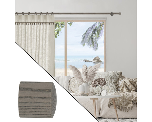 Vue d''une pièce avec tringle à rideaux, rideau et embout aspect bois