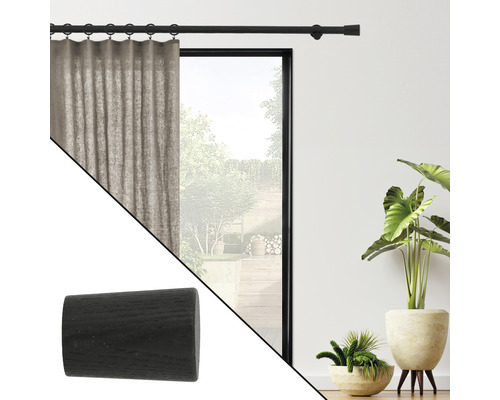 Gardinenstange mit Vorhang und Endstück aus Holz