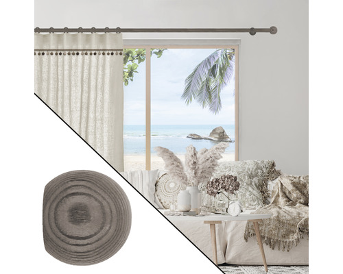 Salon décoratif avec rideau, tringle à rideau et embout de tringle à rideau en bois