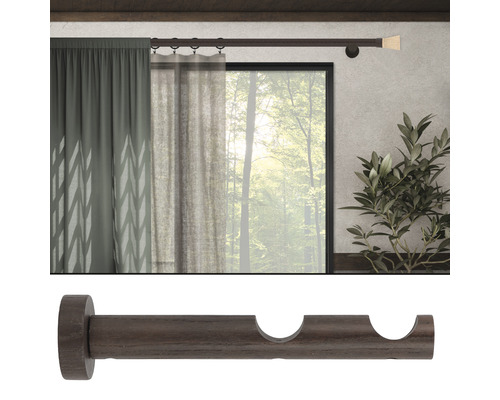 Szene mit Gardinenstange und Vorhang sowie Detailaufnahme der Gardinenstangenhalterung.