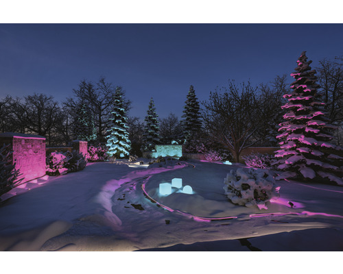 Winterlandschaft mit Beleuchtung im Garten