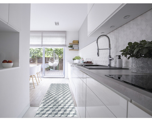 Cuisine moderne avec évier, robinet, plante, décoration et tapis à motifs
