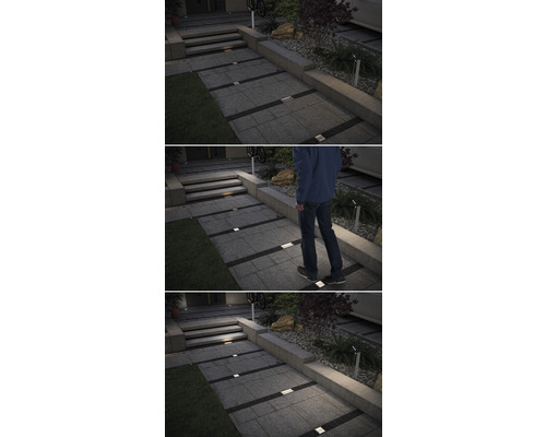 Aussenbereich mit Bodenstrahlern zur Beleuchtung von Wegen und Stufen