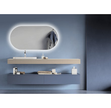 Salle de bain moderne avec miroir, lavabo, meuble sous-lavabo et accessoires pour un aménagement élégant