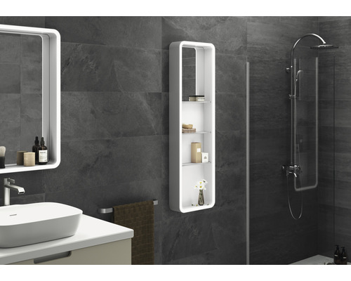 Salle de bain moderne avec lavabo, miroir, étagère et douche