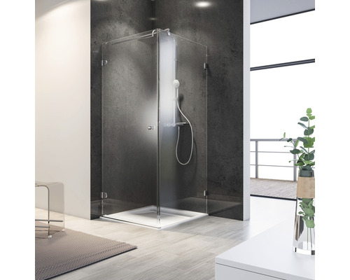 Porte de douche avec paroi latérale avec porte pivotante Schulte Davita 900 x 900 mm verre transparent avec prise de mesures, livraison et montage inclus et revêtement en verre résistant à la saleté